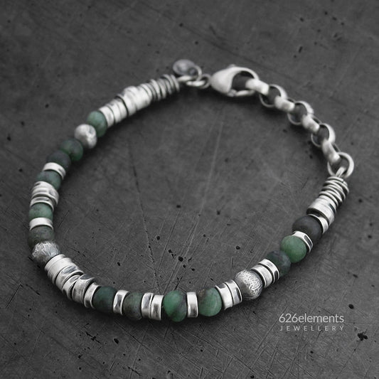 Green emerald sterling silver bracelet - unique natural deep forest green emerald and oxidised 925 silver handmade men's bracelet